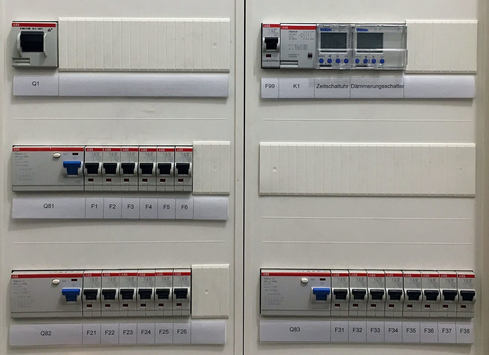 Verdeelkast met rijen automatische zekeringen, differentieelschakelaars en een digitale schakelklok, met labels onder elke rij
